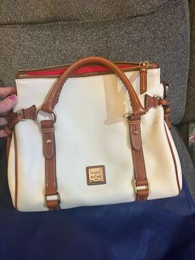 Dooney & Bourke White Pebbled Leather Satchel with Brown Trim and Red Interior